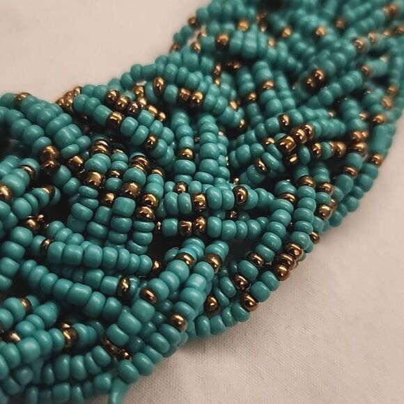 Turquoise Braided Seed Bead Collar Necklace 16x1.5 In. Euro Summer Resortwear - Picture 3 of 8